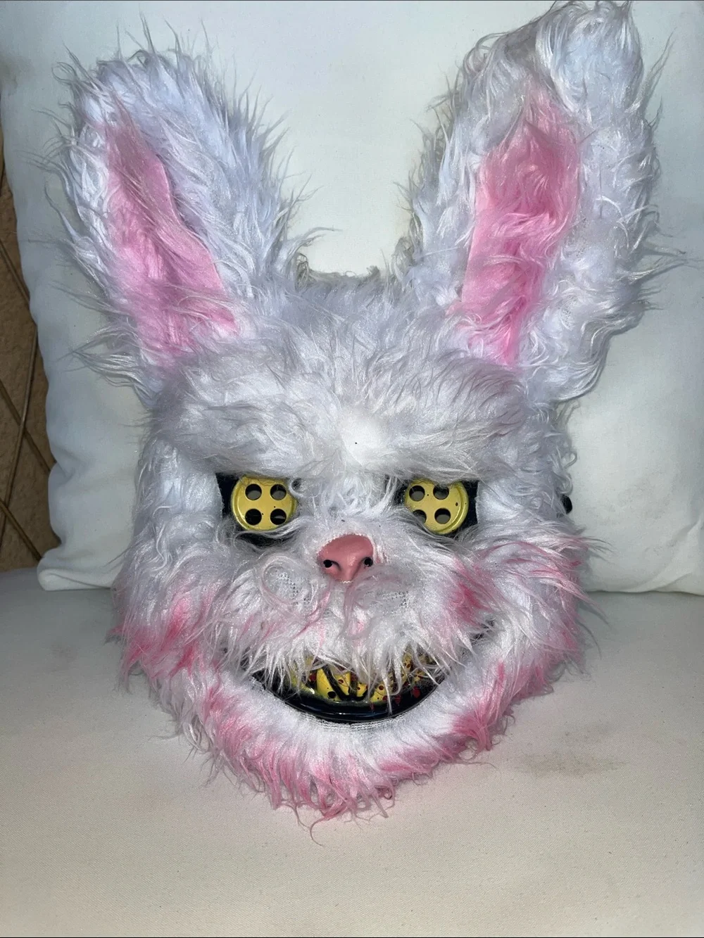 White and Pink Furry Bunny Halloween Mask with Yellow Eyes